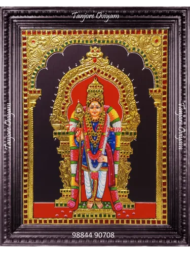 Lord Murugan Authentic Tanjore painting standing vel garlands double arch gold foil artwork